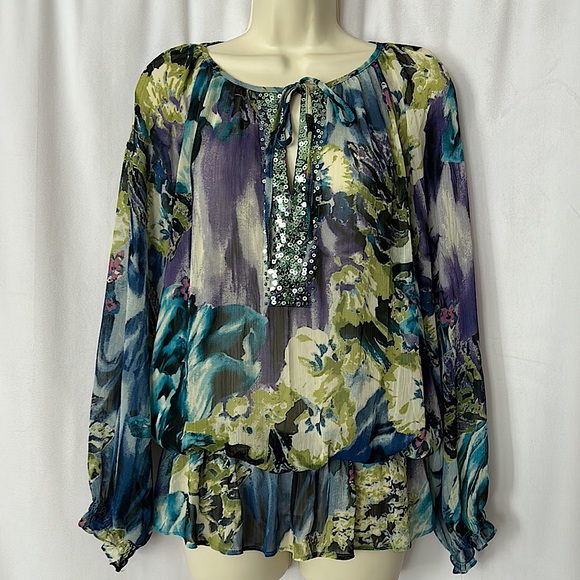 Sunny Leigh Tops - Sunny Leigh NWT Floral Sequins Cinch Waist Long Sleeve Shirt Top **Size S**